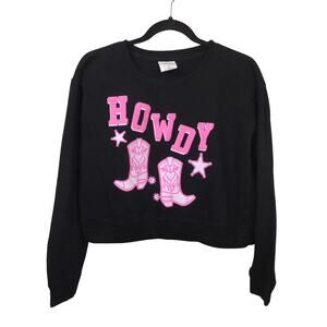 Relaxx Cowgirl Howdy Pink Novelty Graphic Crew Neck Cropped Black Sweatshirt M